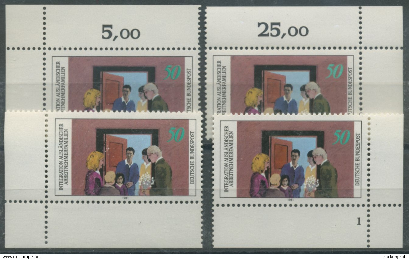 Bund 1981 Integration Ausl. Arbeitnehmerfamilien 1086 Alle 4 Ecken Postfr. (E68) - Neufs