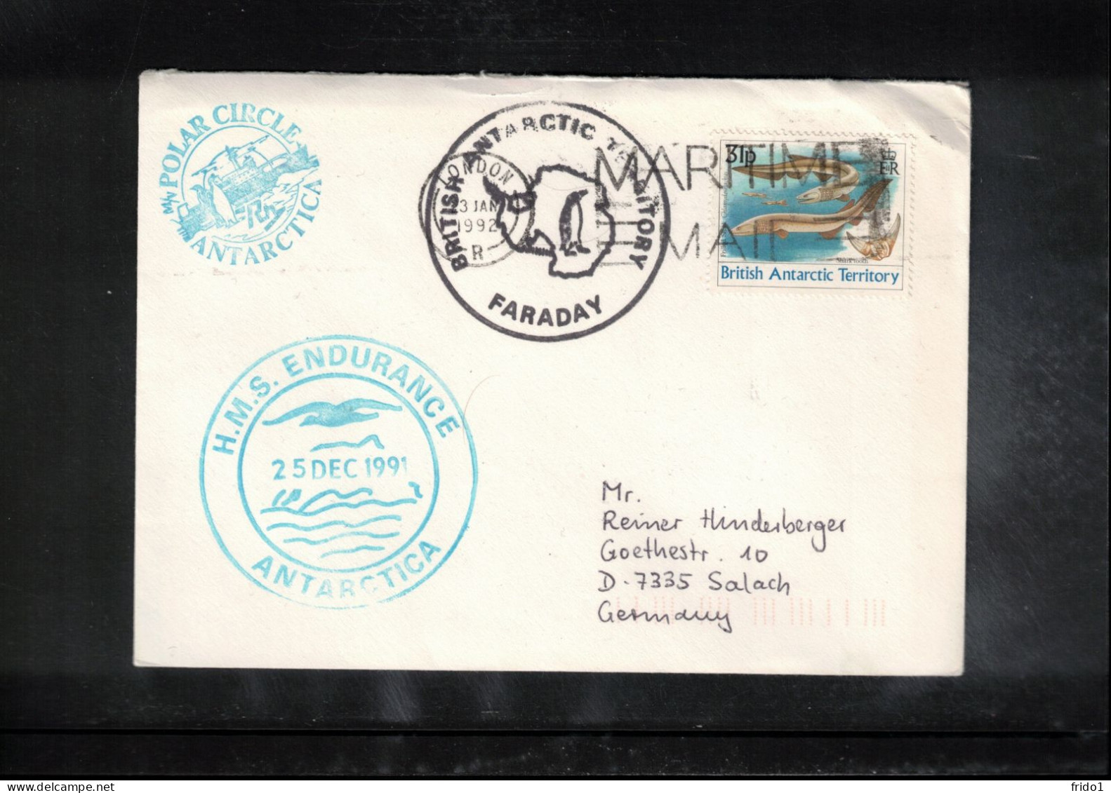 British Antarctic Territory 1992 Faraday - Ship H.M.S. ENDURANCE  Interesting Maritime Cover - Brieven En Documenten