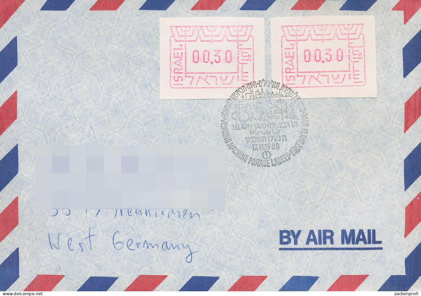 Israel ATM 1988 ATM Auf Luftpostbrief Mehrfachfrankatur ATM 1 D MeF (X80392) - Viñetas De Franqueo (Frama)