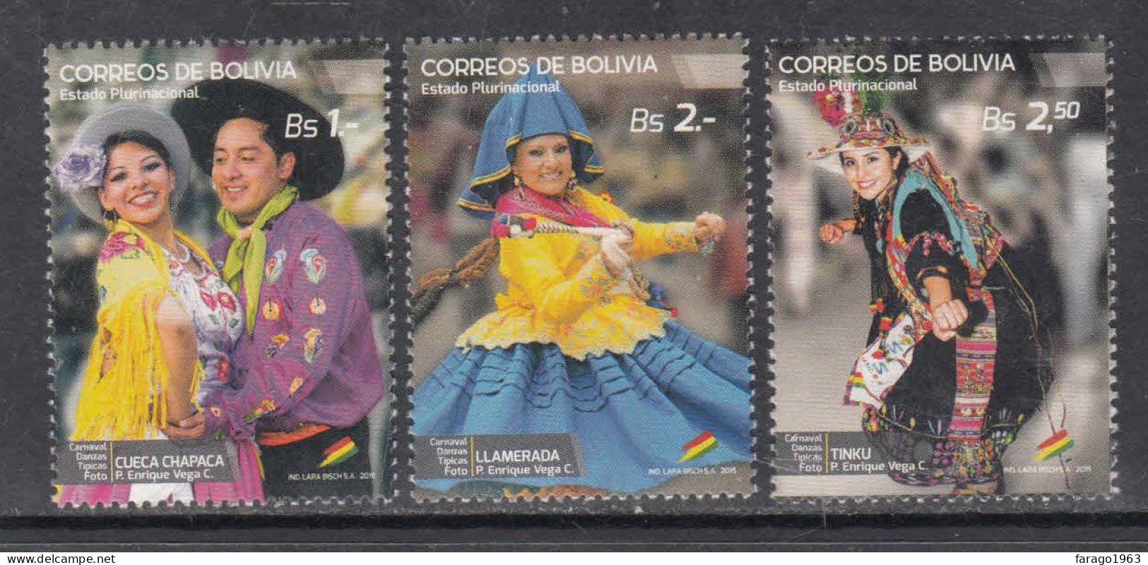 2015 Bolivia Carnival Dancers Costumes Complete Set Of 3 MNH - Bolivia