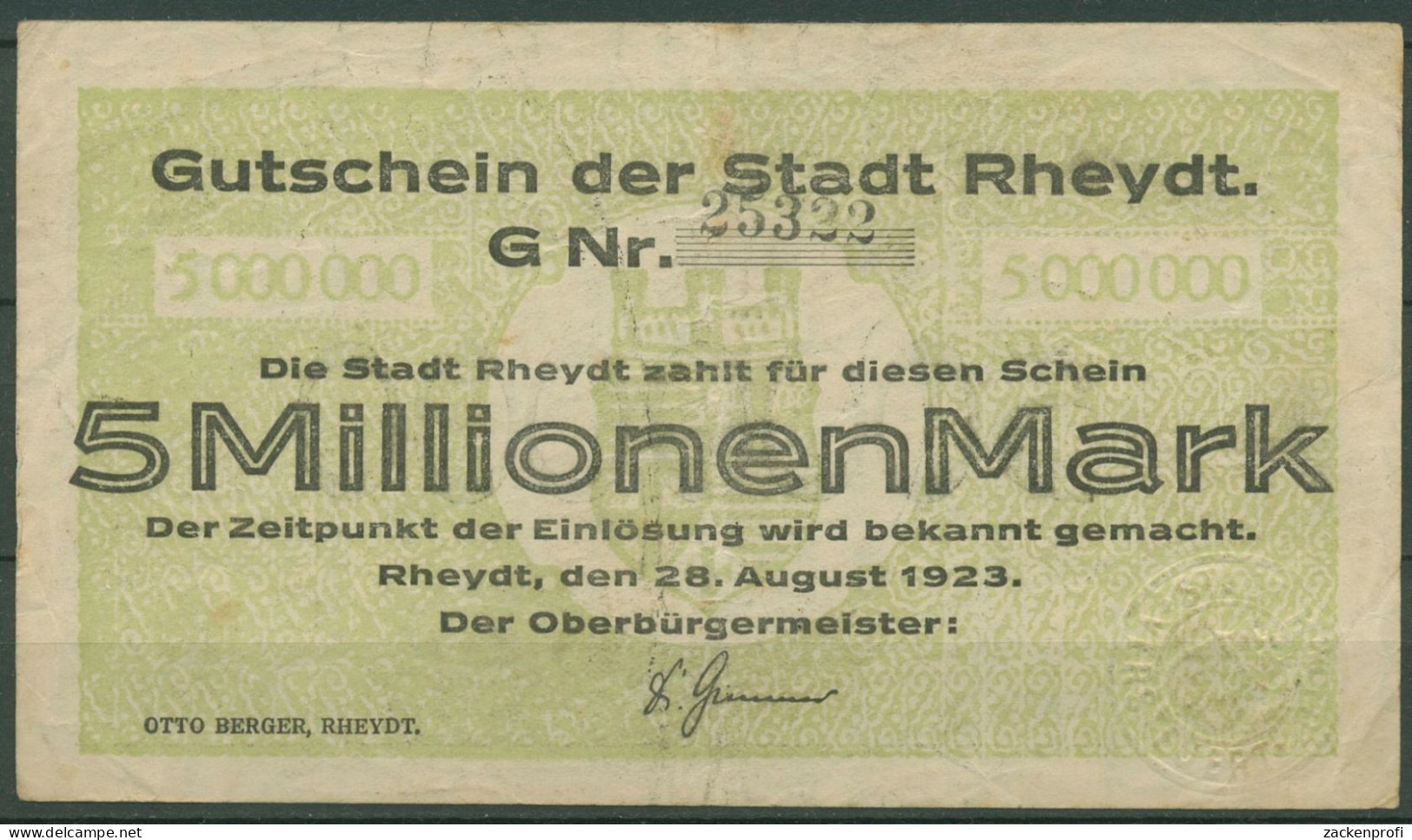 Rheydt 5 Millionen Mark 1923, Keller 4561 F, Gebraucht (K1098) - Sonstige & Ohne Zuordnung