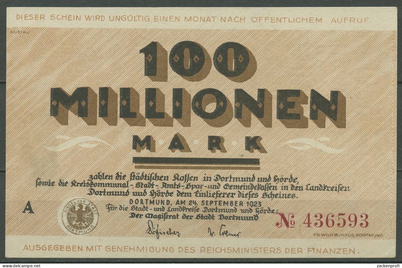 Dortmund 100 Millionen Mark 1923, Keller 1061 L, Fast Kassenfrisch (K1100) - Other & Unclassified