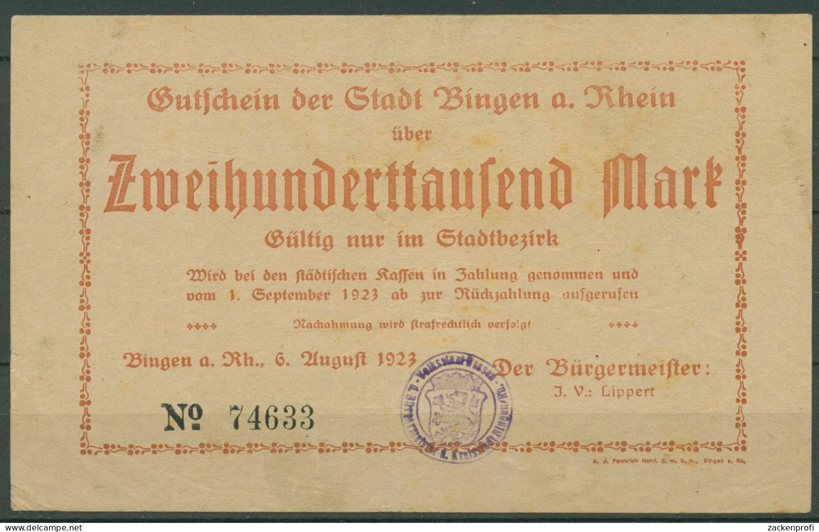 Bingen A. Rhein 200000 Mark 1923, Keller 425 A, Gebraucht (K1107) - Autres & Non Classés