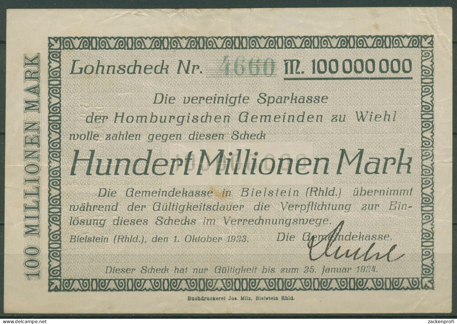 Bielstein 100 Millionen Mark 1923, Keller 418 M, Gebraucht (K1108) - Autres & Non Classés