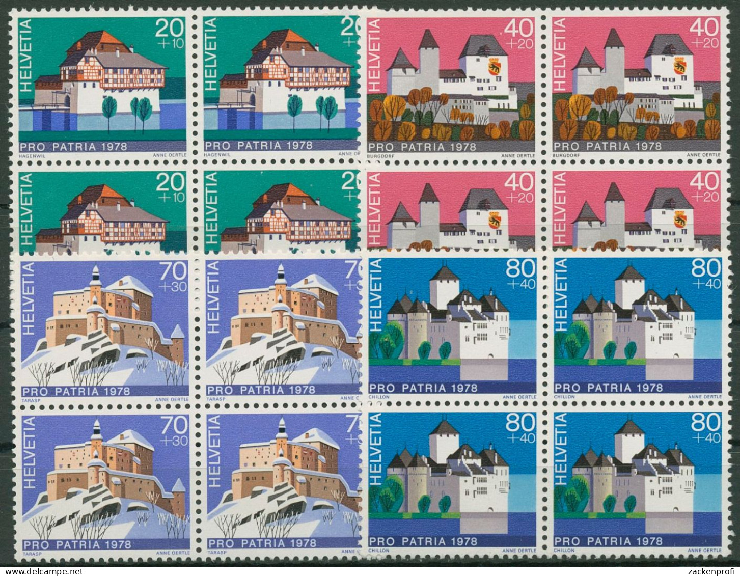 Schweiz 1978 Pro Patria Bauwerke Schlösser 1130/33 4er-Block Postfrisch - Neufs