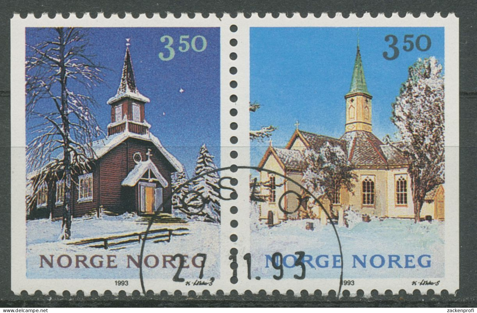 Norwegen 1993 Weihnachten Kirche Kapelle 1141/42 Gestempelt - Oblitérés
