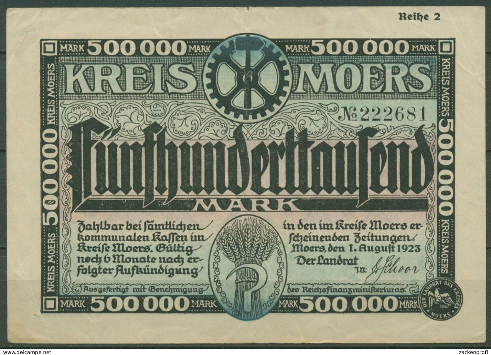 Moers Kreis 500000 Mark 1923, Keller 3593 G, Gebraucht (K1097) - Altri & Non Classificati