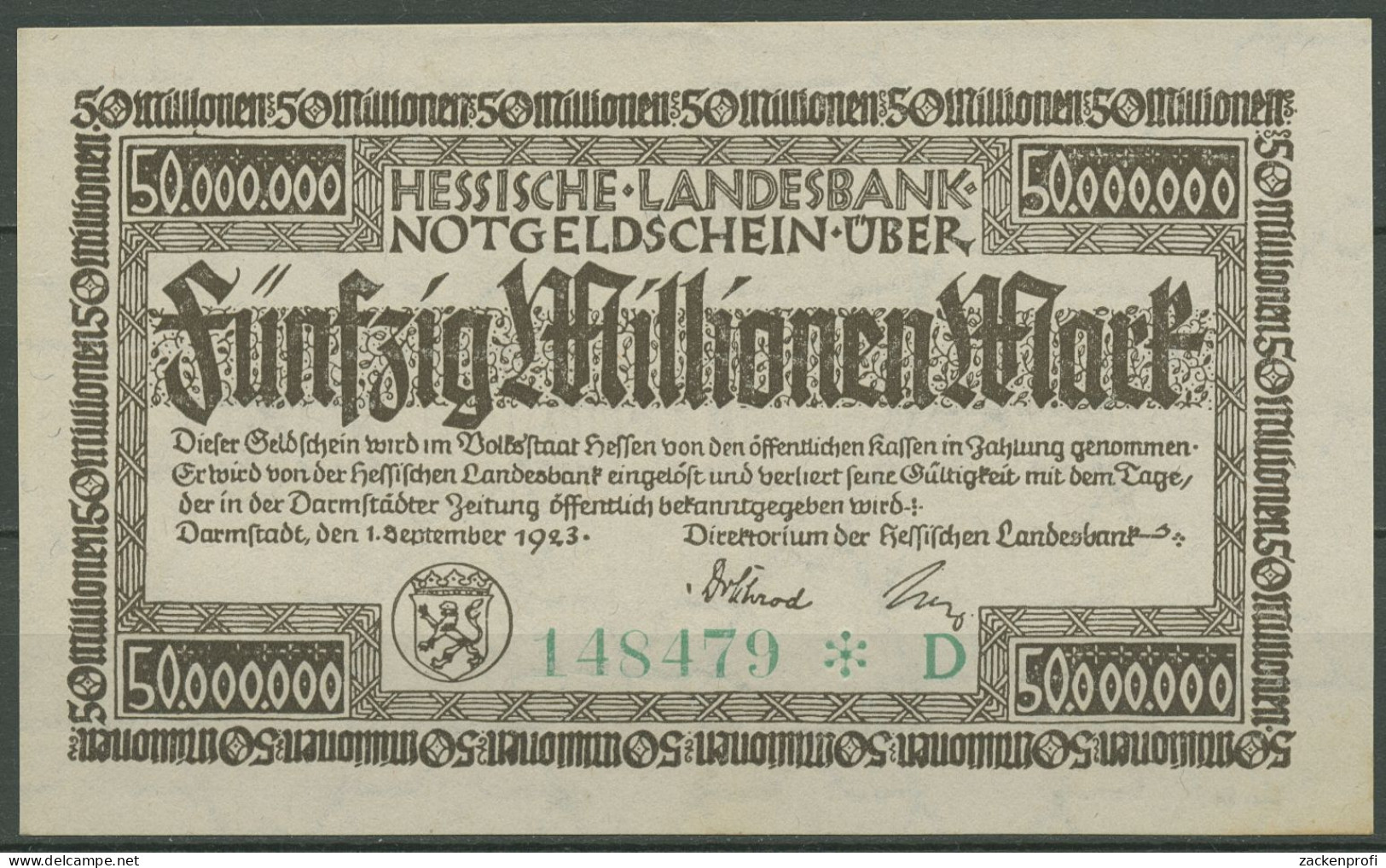 Darmstadt 50 Millionen Mark 1923, Keller 956 D, Leicht Gebraucht (K1112) - Autres & Non Classés