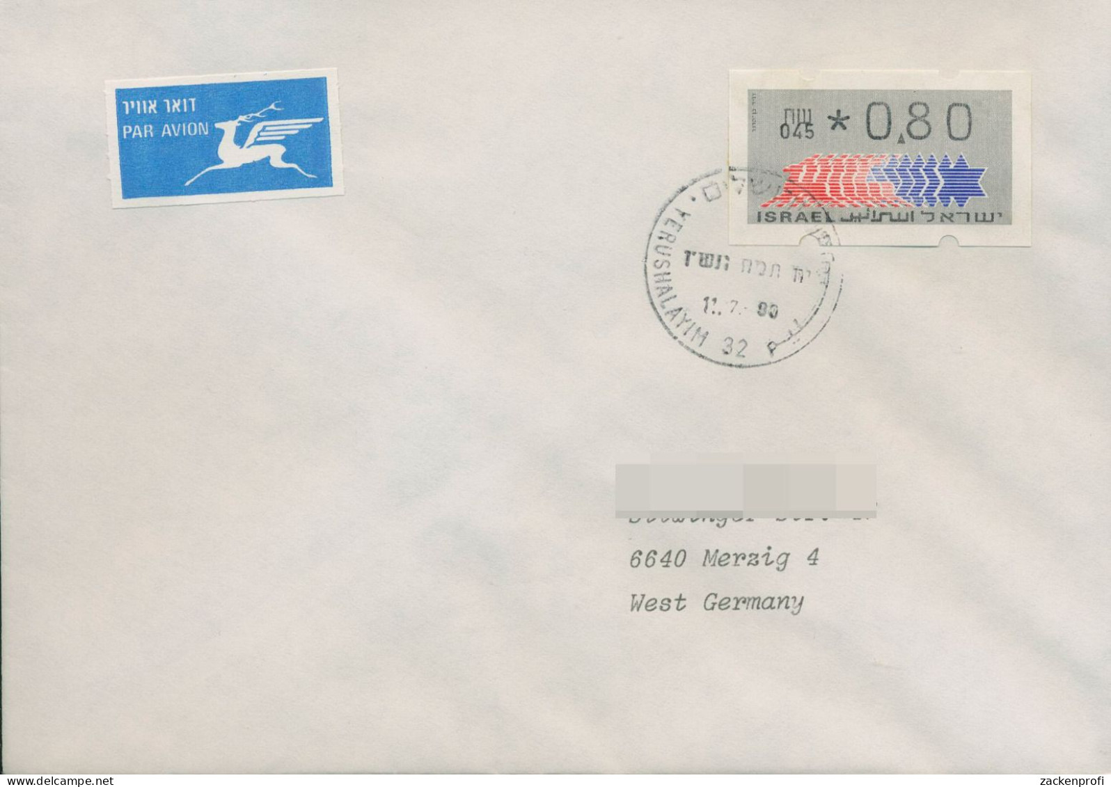 Israel ATM 1990 Hirsch 045 Luftpost Einzelfrankatur, ATM 3.1.45 EF (X80418) - Franking Labels