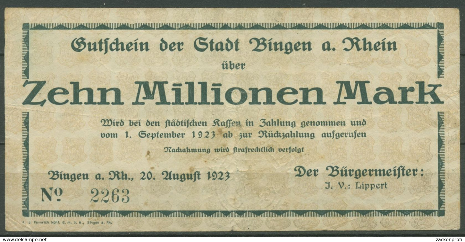 Bingen A. Rhein 10 Millionen Mark 1923, Keller 425 C, Gebraucht (K1106) - Autres & Non Classés