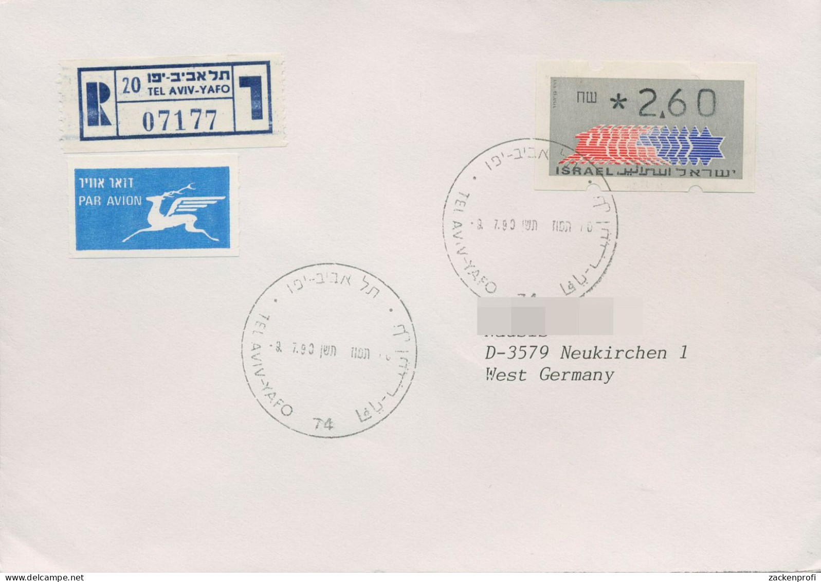 Israel ATM 1990 Hirsch Auf Luftpost-Einschreibebrief, ATM 2.1 EF (X80400) - Automatenmarken (Frama)