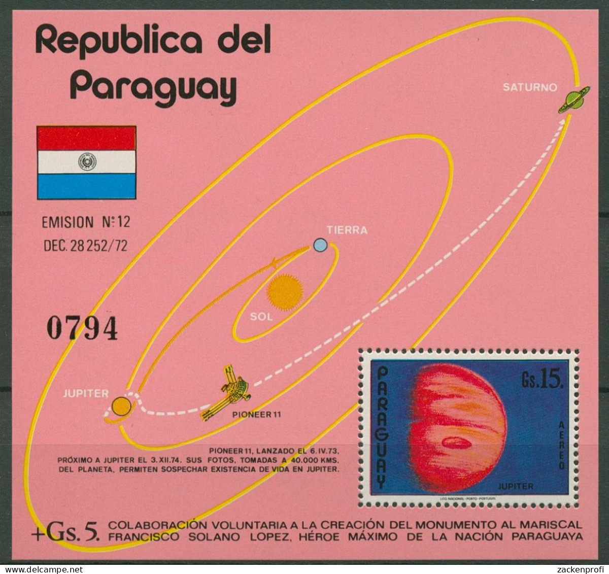 Paraguay 1975 Pioneer 11 Planet Jupiter Block 247 Postfrisch (C18785) - Paraguay