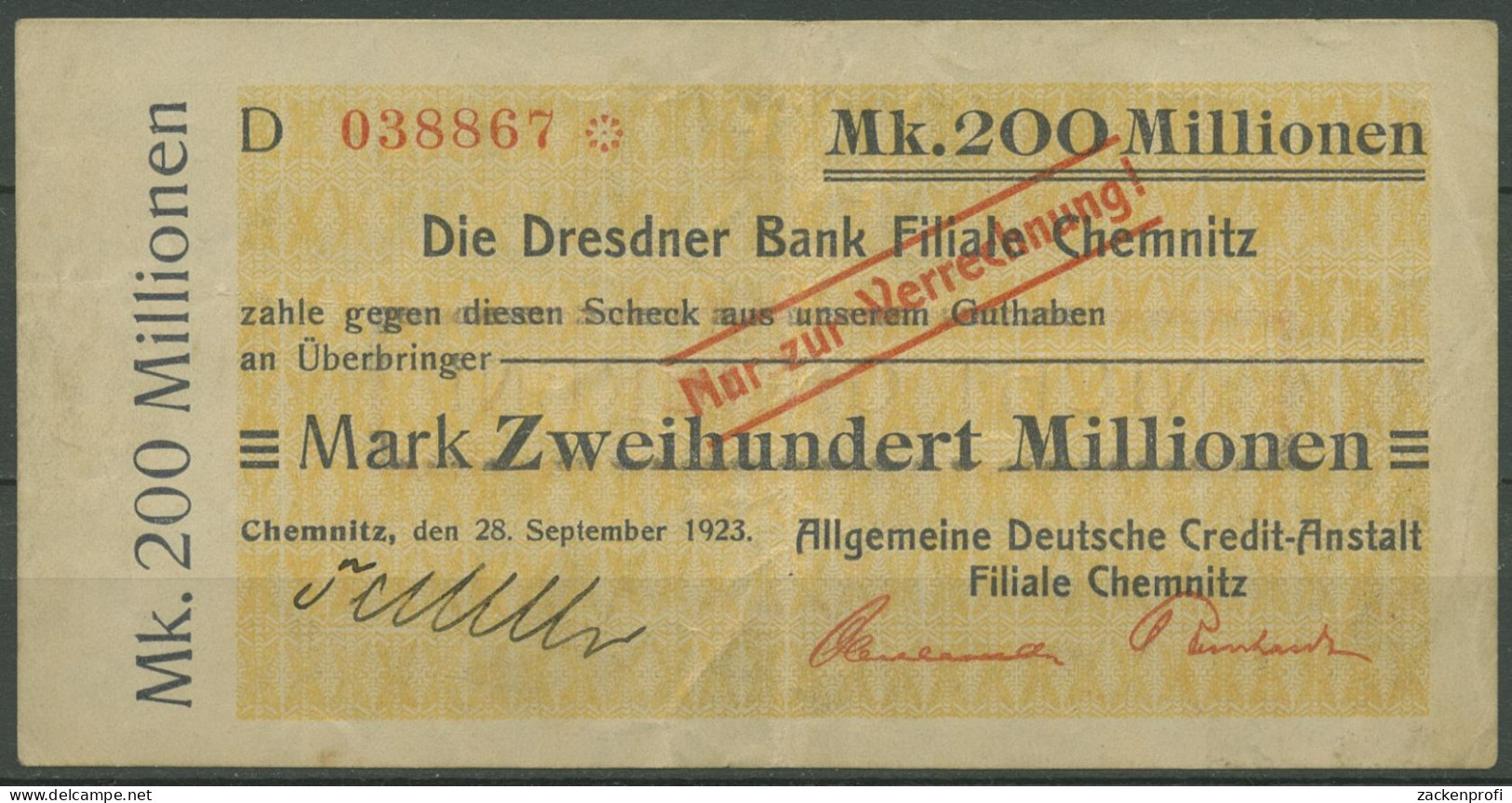 Chemnitz Dredner Bank 200 Mio Mark 1923, Keller 742 IIIo, Gebraucht (K1105) - Sonstige & Ohne Zuordnung