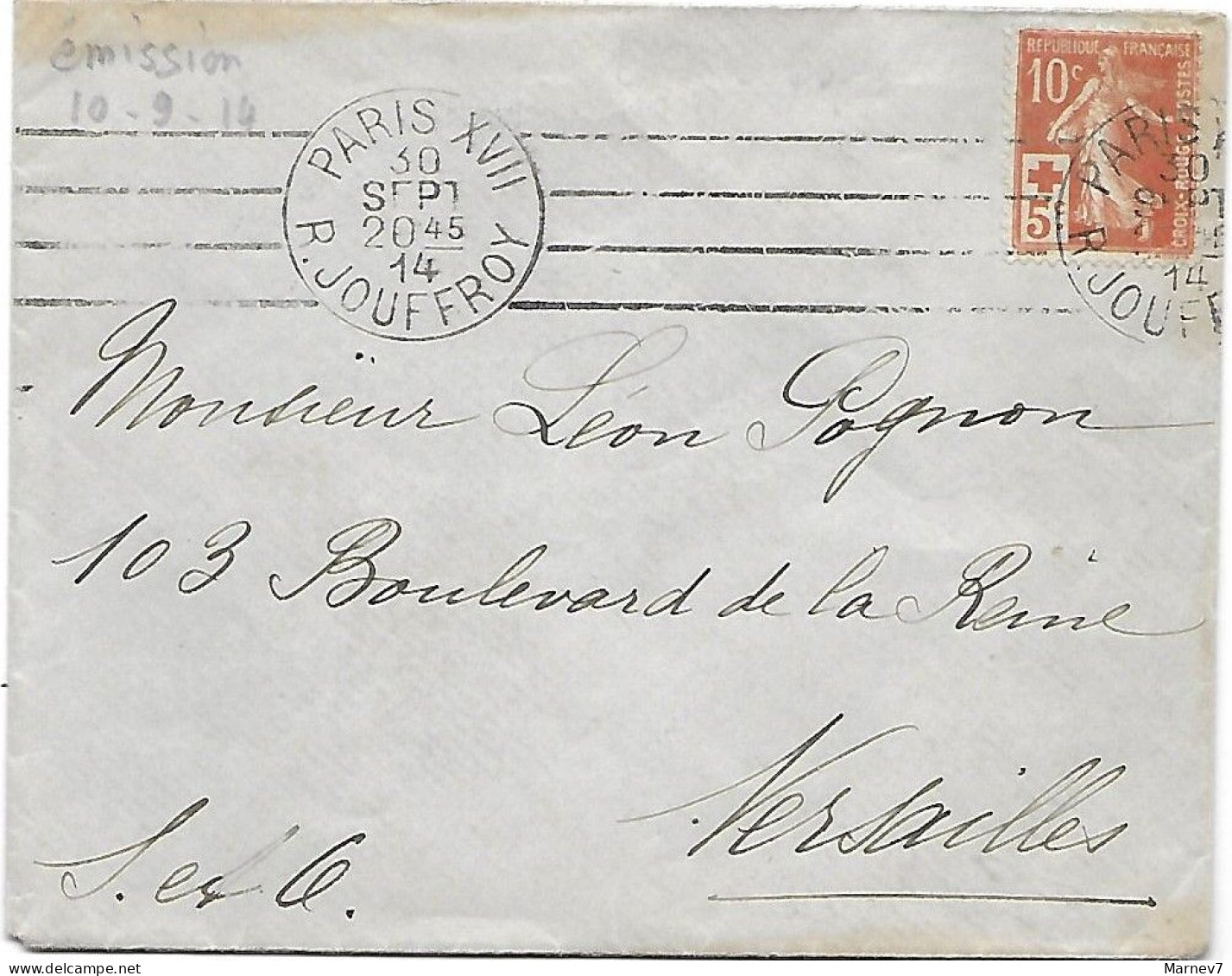 Yv 147 Seul Sur Lettre- Cad 30 Sept 1914 PARIS Rue Jouffroy - Semeuse Surtaxe 5c Au Profit Croix-Rouge - - 1906-38 Semeuse Camée