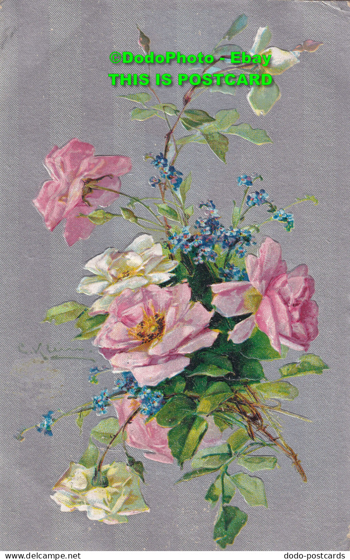 R385345 White And Pink Roses And Blue Flowers. Birn Brothers. Series No. 2103. 1 - World