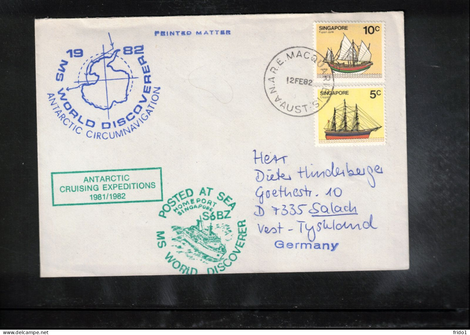 Singapore 1982 Antarctica - Ship MS World Discoverer - Antarctic Cruising Expeditions Interesting Cover - Navires & Brise-glace