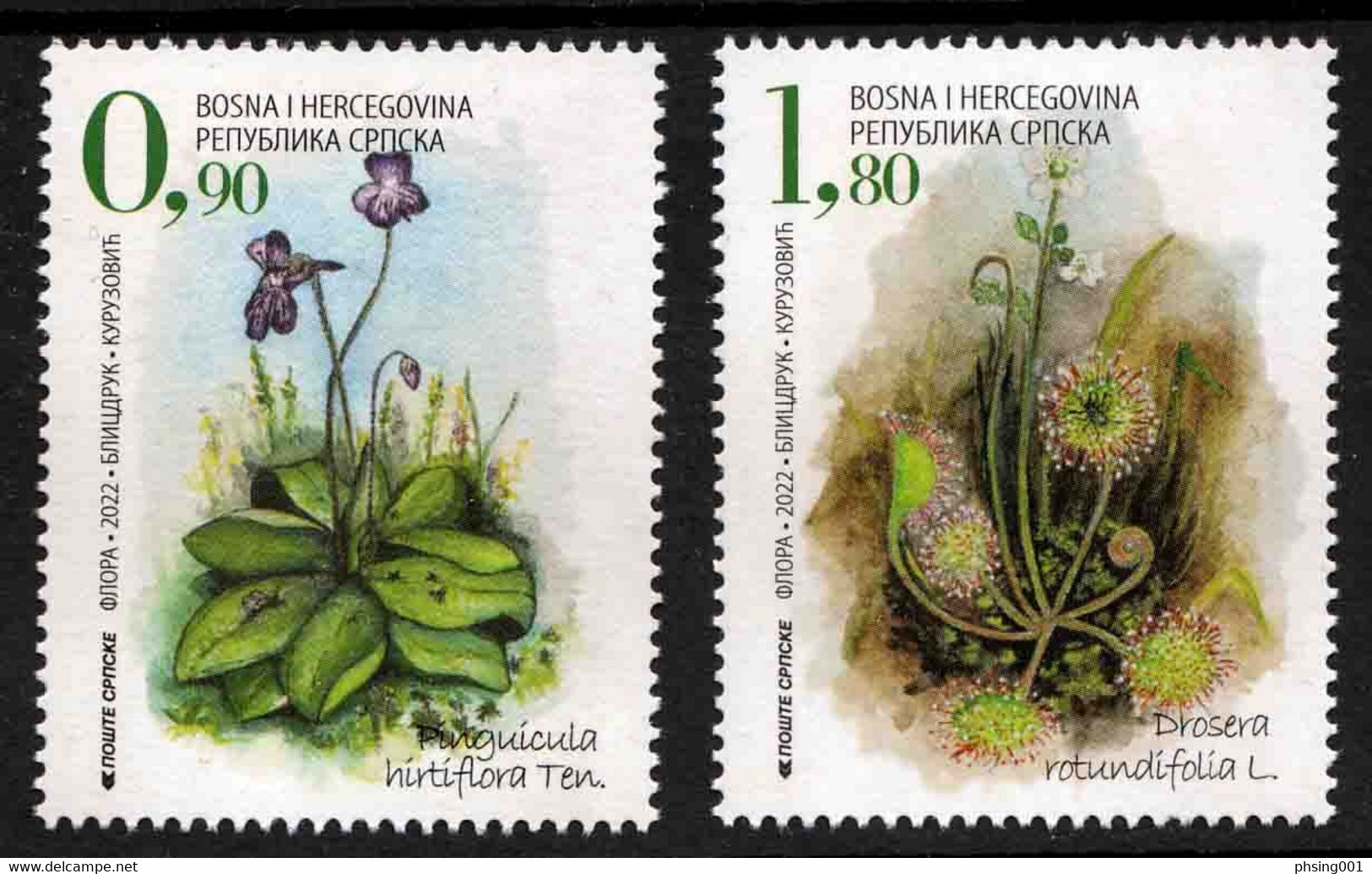 Bosnia Serbia 2022 Flora Flowers Carnivorous Plants Masnica Pinguicula Hirtiflora Ten. Drosera Rotundifolia L. Set MNH - Bosnie-Herzegovine