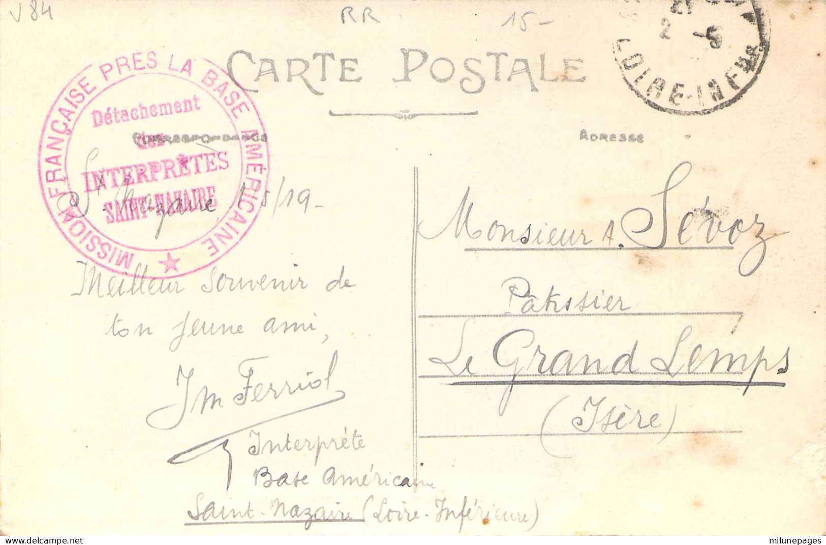 Rare Cachet Double Cercle Rouge Franchise Militaire Interprètes Mission Française Base Américaine St Nazaire Sur CP - 1. Weltkrieg 1914-1918
