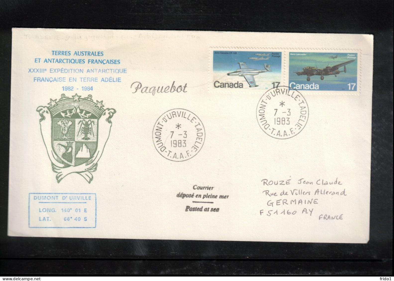 TAAF 1983 Base Dumont D'Urville - XXXIIIth French Antarctic Expedition To Terre Adelie Interesting Cover - Covers & Documents