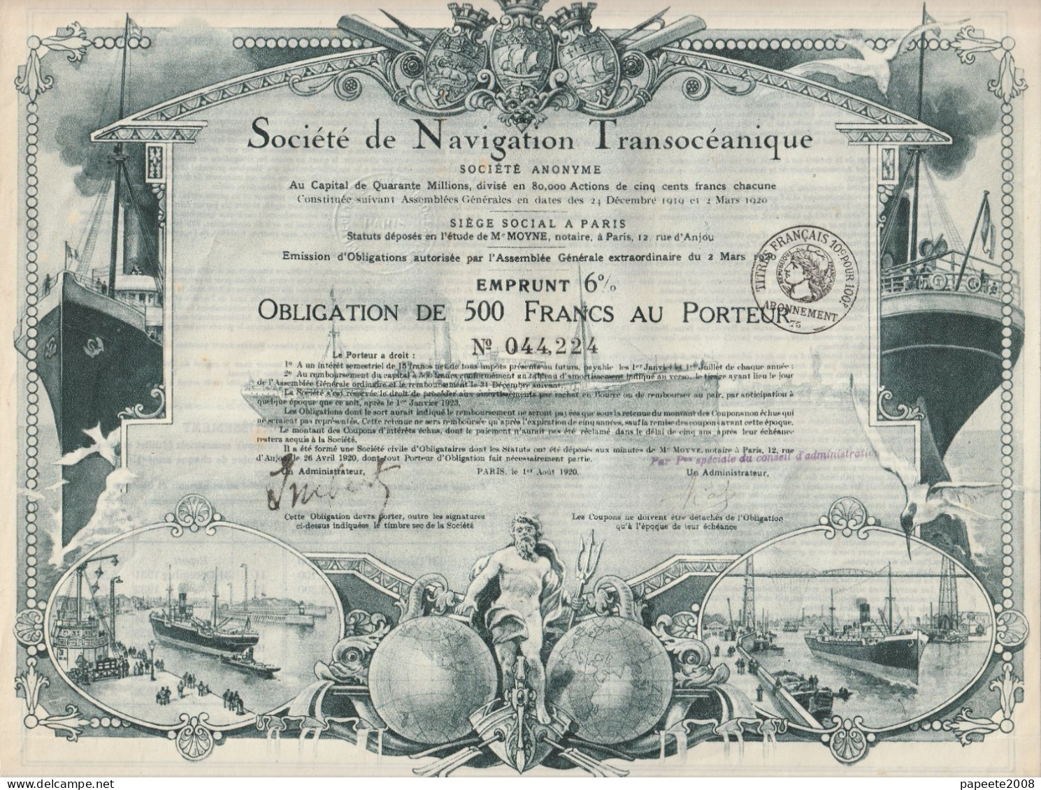 Sté De Navigation Transocéanique - Obligation De 500 F / 1920 - Transportmiddelen