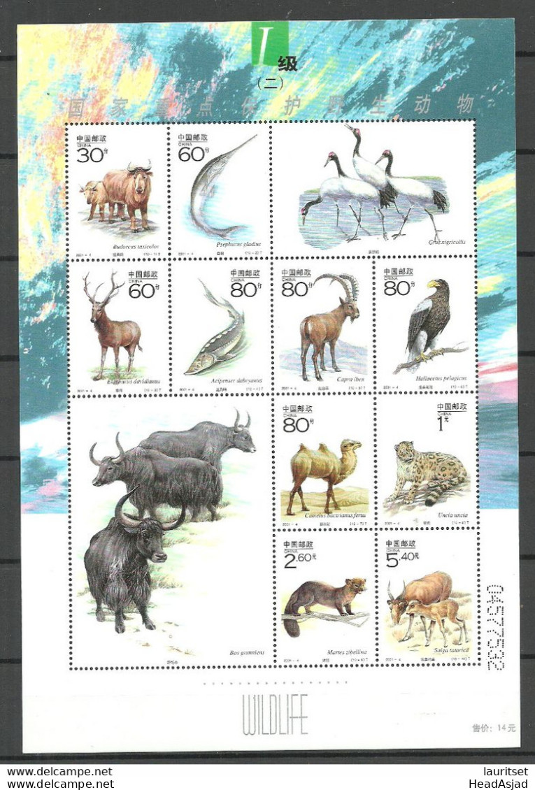 CHINA 2001 Michel 3219 - 3228 MNH Animals Bedrohte Tiere Complete Sheet MNH - Other & Unclassified