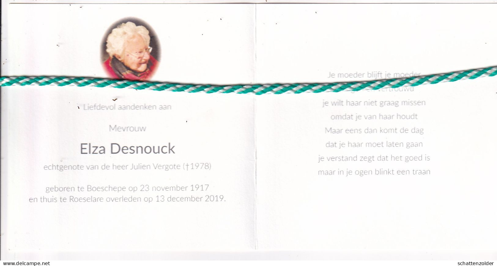 Elza Desnouck-Vergote, Boeschepe 1917, Roeselare 2019. Honderdjarige. Foto - Obituary Notices