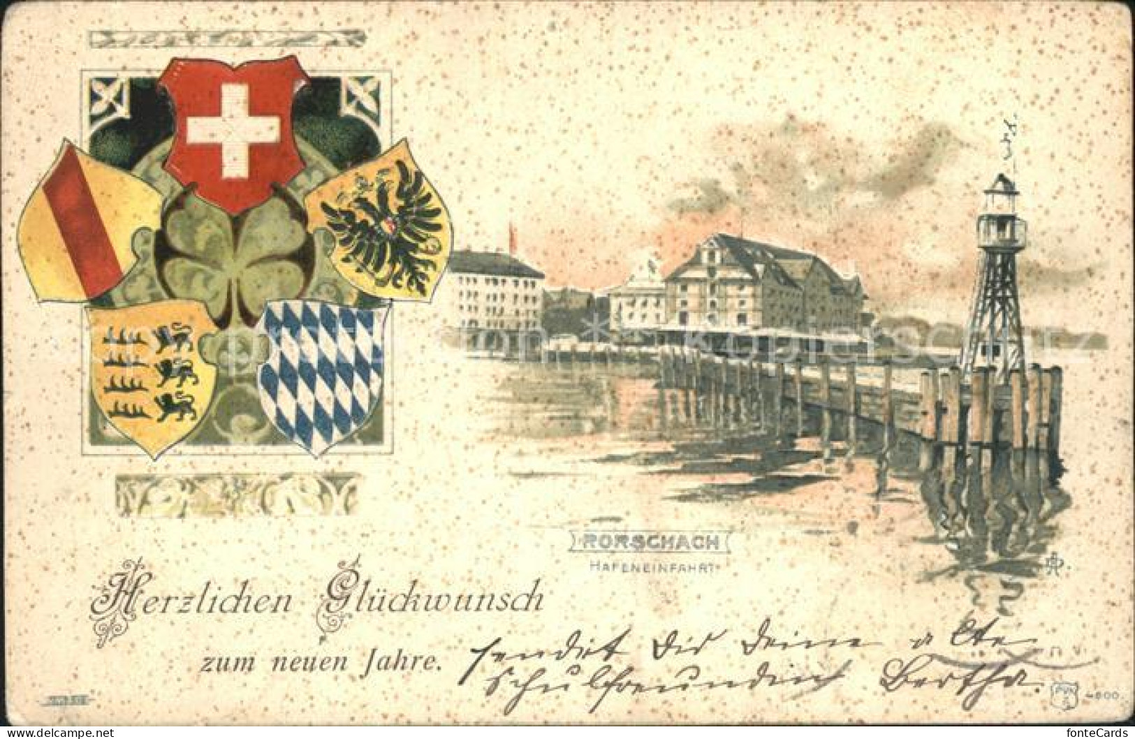 12397327 Rorschach Bodensee Hafeneinfahrt Leuchtturm Wappen Kleeblatt Neujahrska - Sonstige & Ohne Zuordnung