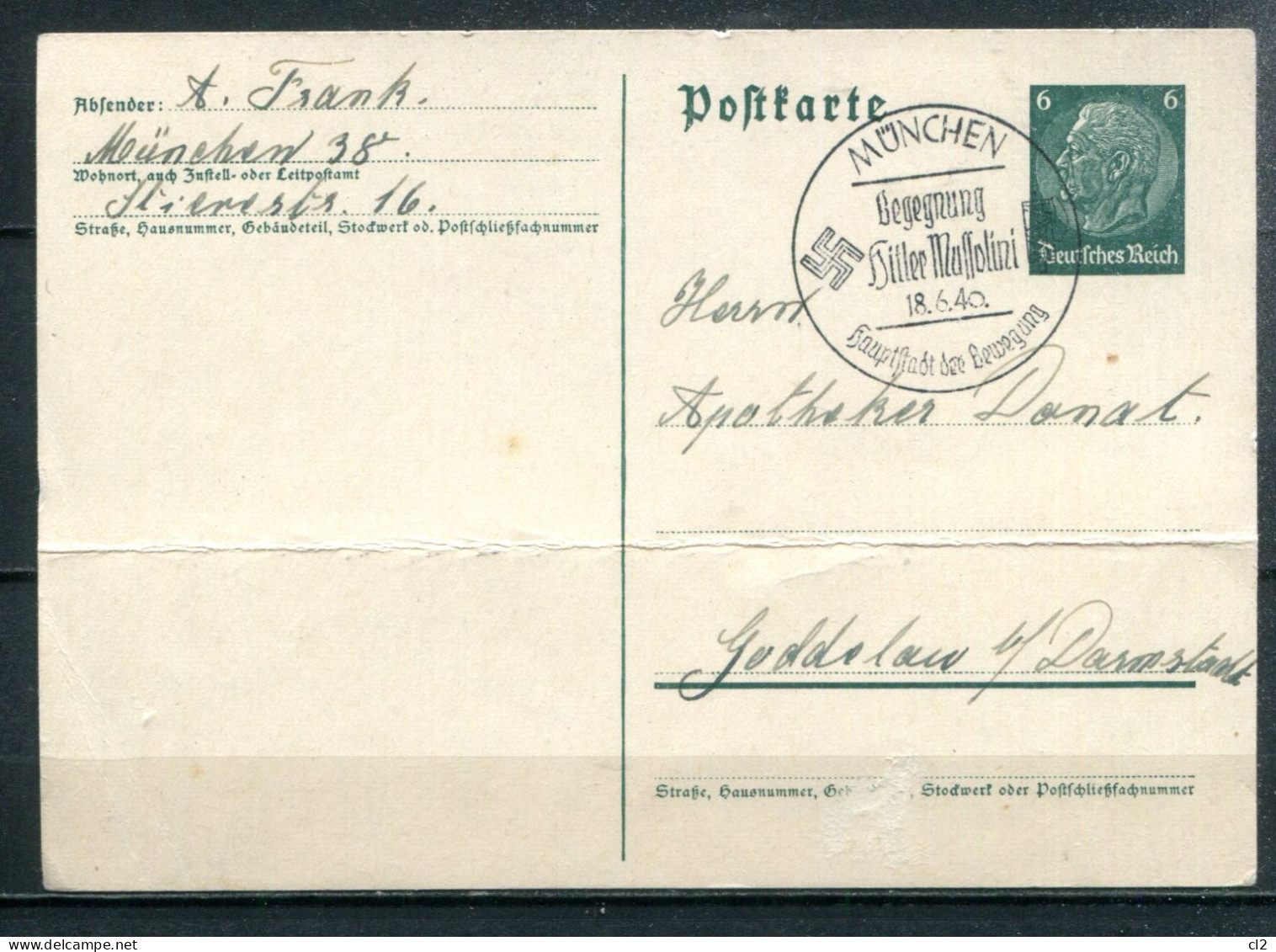 ALLEMAGNE - 18.6.40 - Mi P226 - "München - Begegnung Hitler Mussolini" - Postcards