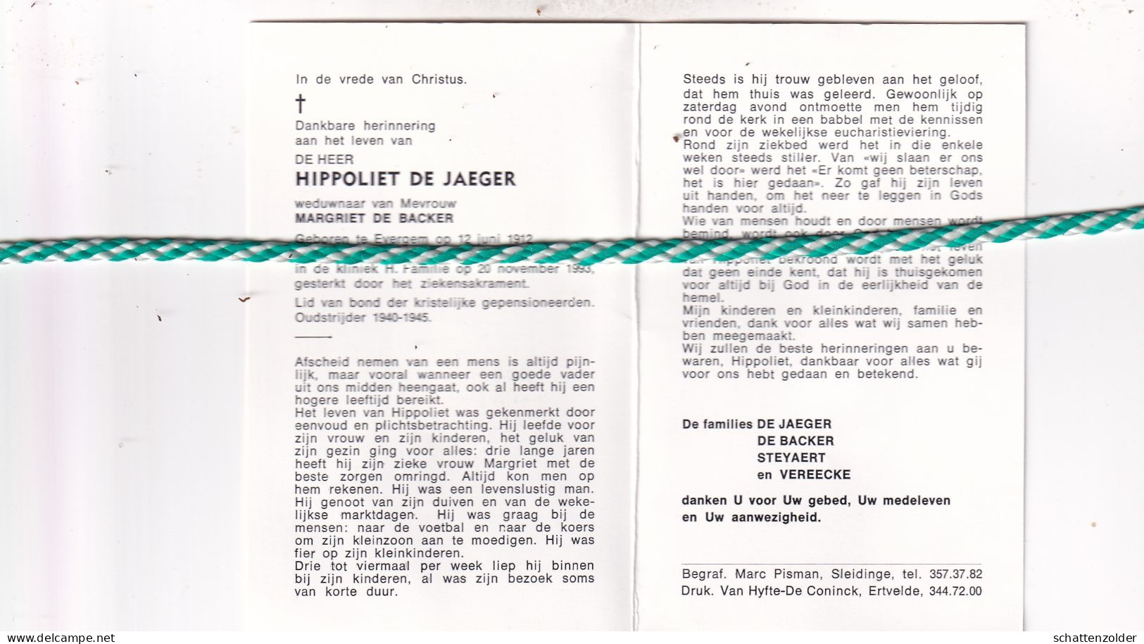 Hippoliet De Jaeger-De Backer, Evergem 1912, Gent 1993. Oud-strijder 40-45; Foto - Décès