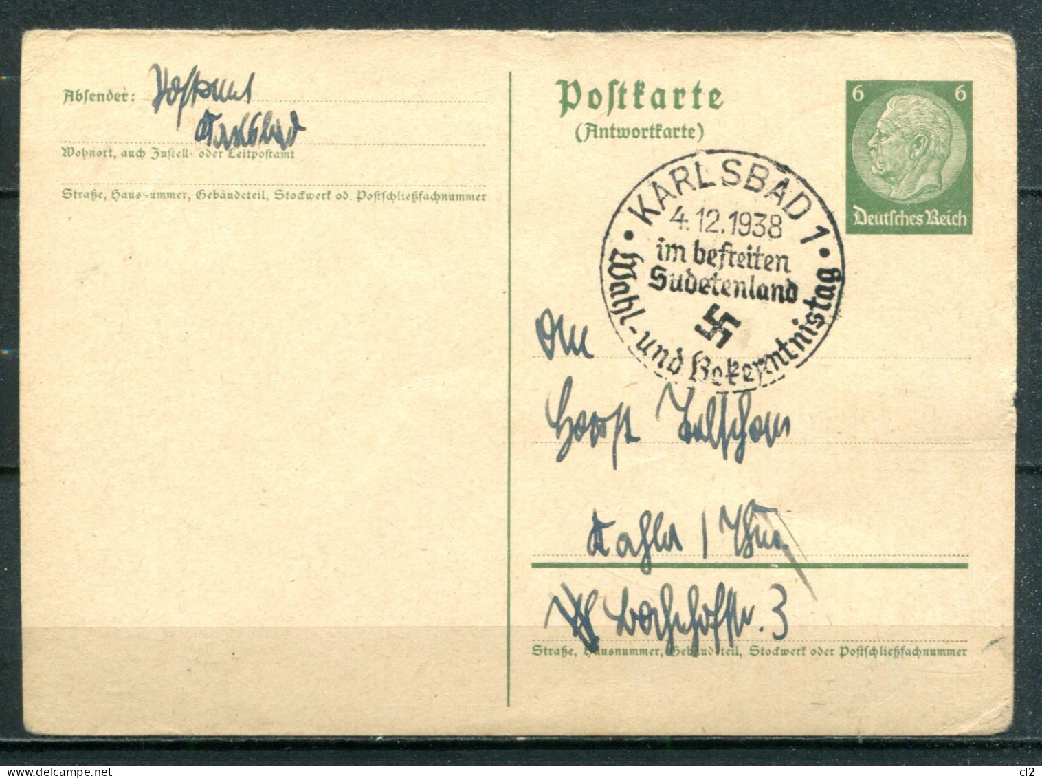 ALLEMAGNE - 4.12.38 - Mi P229IA - "KARSLBAD Im Befreiten Sudetenland" - Postkarten