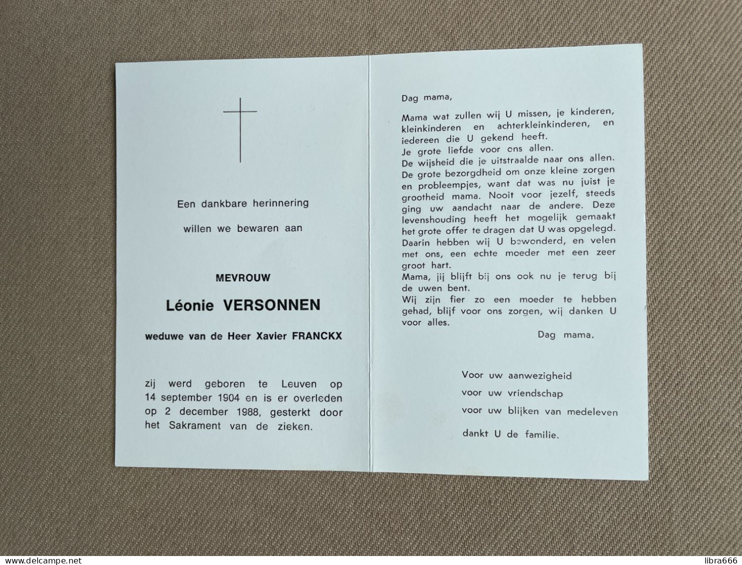 VERSONNEN Léonie °LEUVEN 1904 +LEUVEN 1988 - FRANCKX - Décès