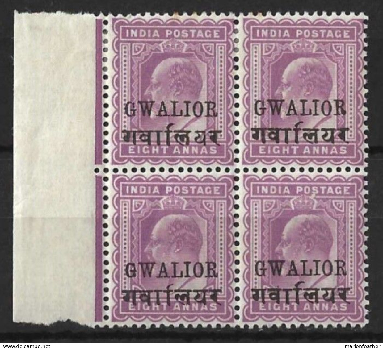 INDIA..."  GWALIOR.."...KING EDWARD VII...(1901-10..)...8a X BLOCK OF 4.......SG57A........2 X MH....2 X MNH, CREASED... - Gwalior