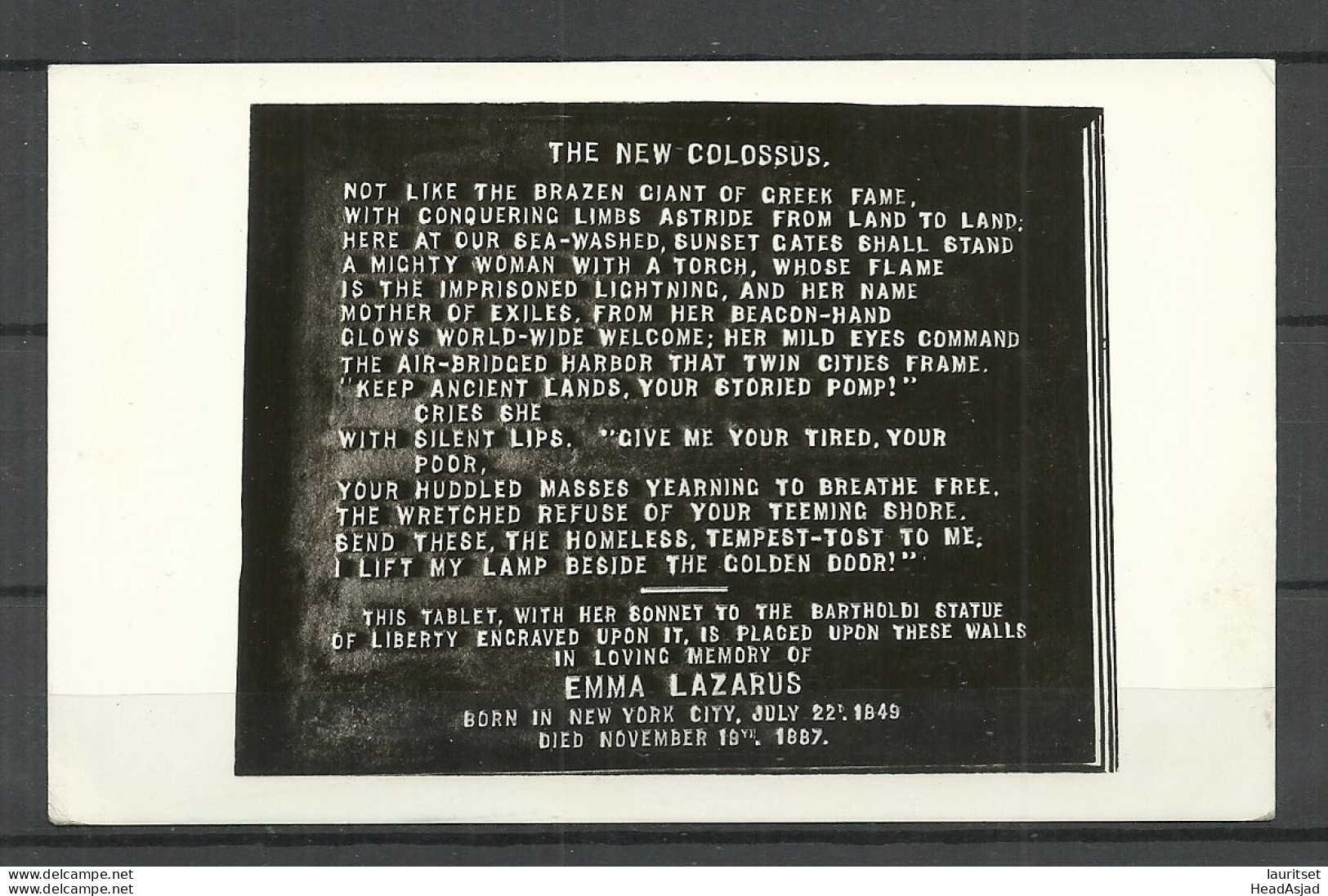 USA The New Colossus Emma Lazarus Memory NY, Photo Post Card, Unused - Femmes Célèbres