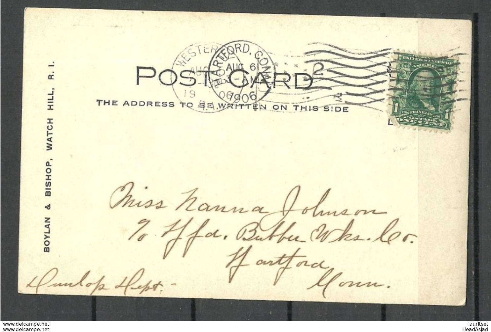 USA Unknown Lady Photo Post Card, Boylan & Bishop, Watch Hill, Used O 1906 Hartford Mi 138 B. Franklin - Sonstige & Ohne Zuordnung