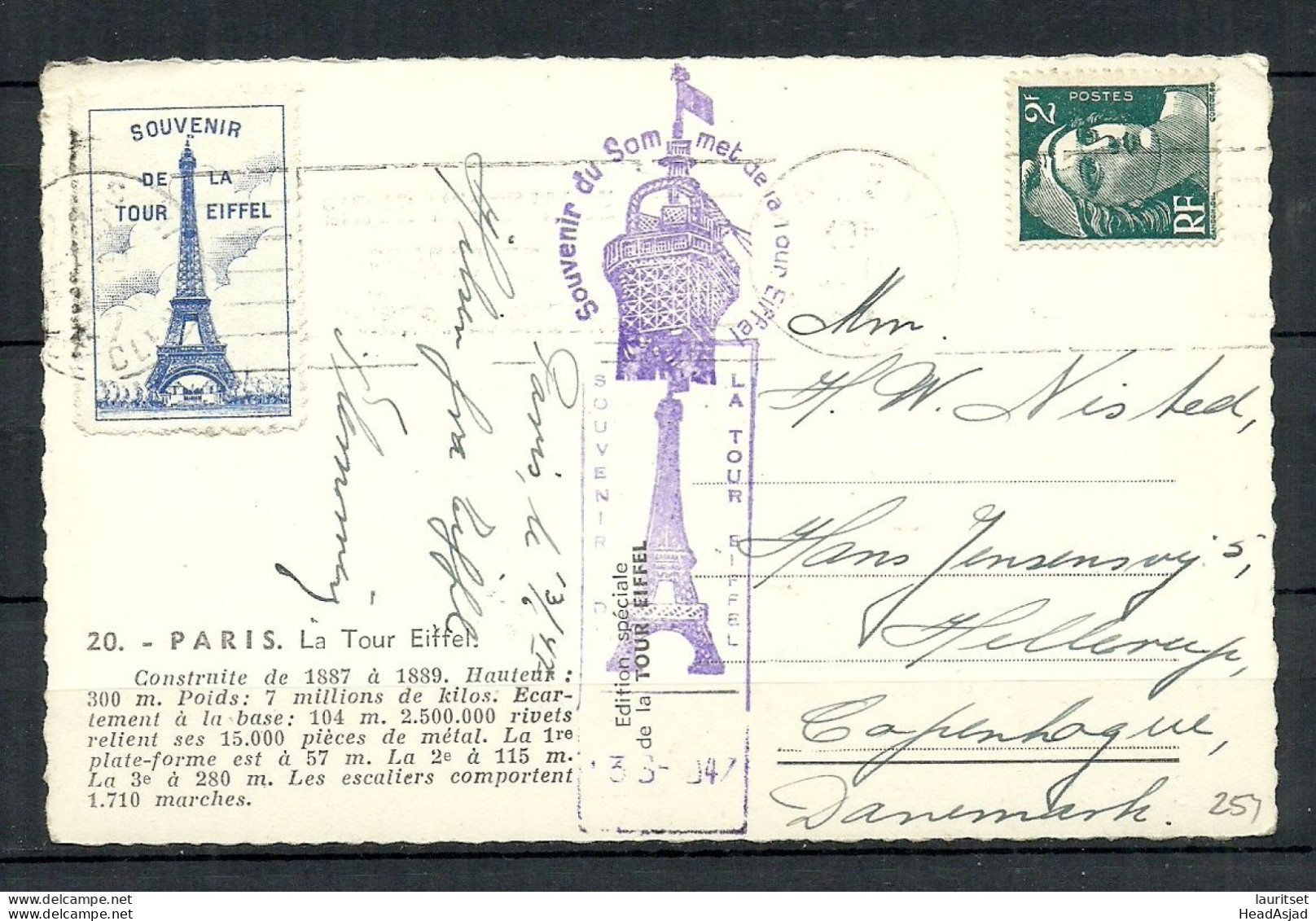 Photo Post Card Paris La Tour Eiffel Eiffelturm, Sent To Denmark 1947 Edition Speciale + Vignette Souv. D La Tour Eiffel - Tour Eiffel