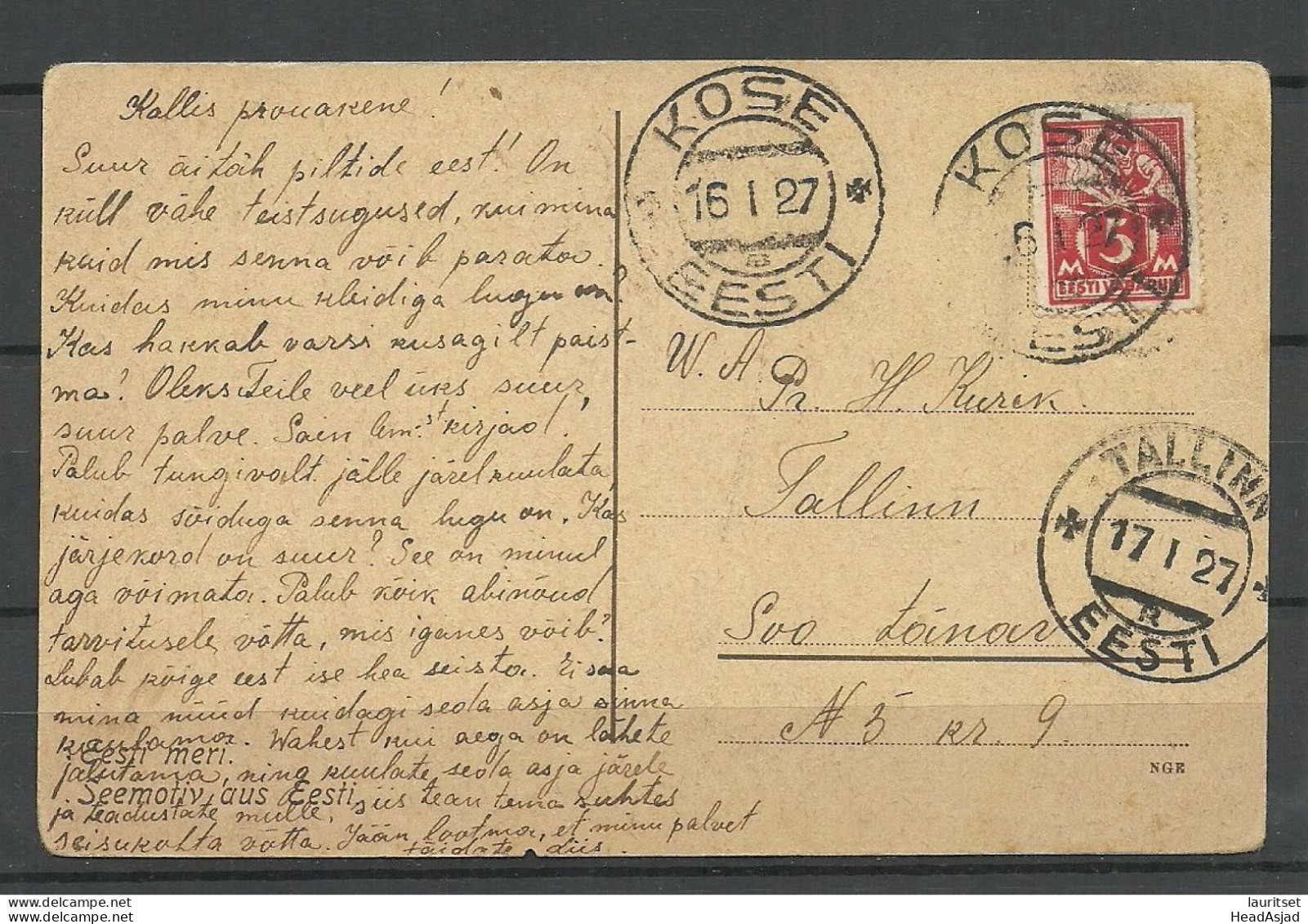 ESTONIA Estland 1927 O KOSE Photo Post Card Seemotiv Parikas Michel 37 A Thin Paper Type As Single - Estland