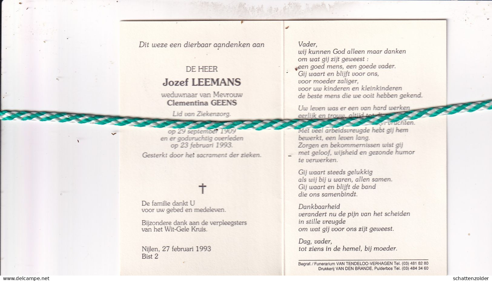 Jozef Leemans-Geens, Nijlen 1909, 1993. Foto - Décès