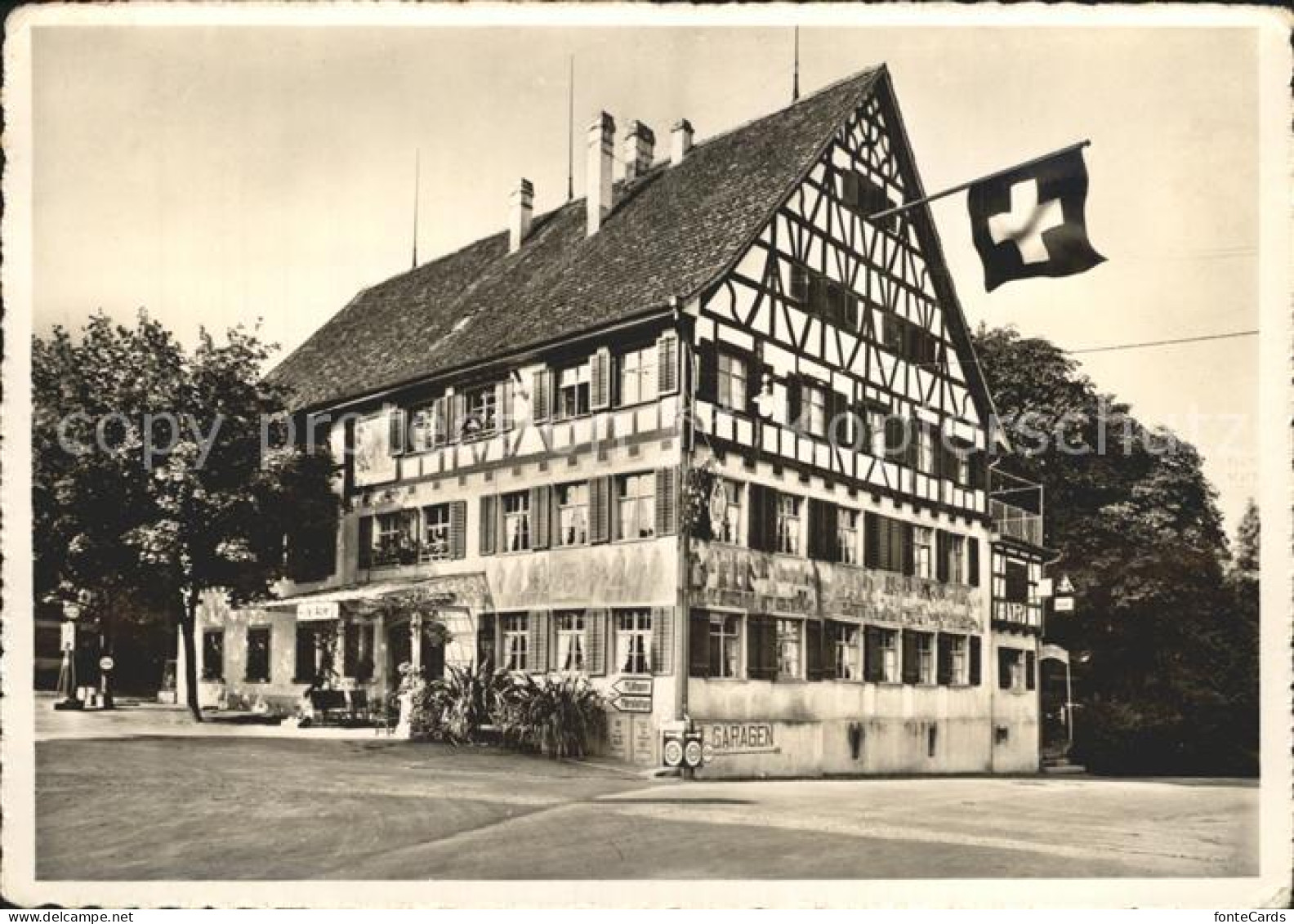 12360087 Ermatingen Hotel Adler Fachwerkhaus Schweizer Flagge Weihnachtskarte Er - Andere & Zonder Classificatie