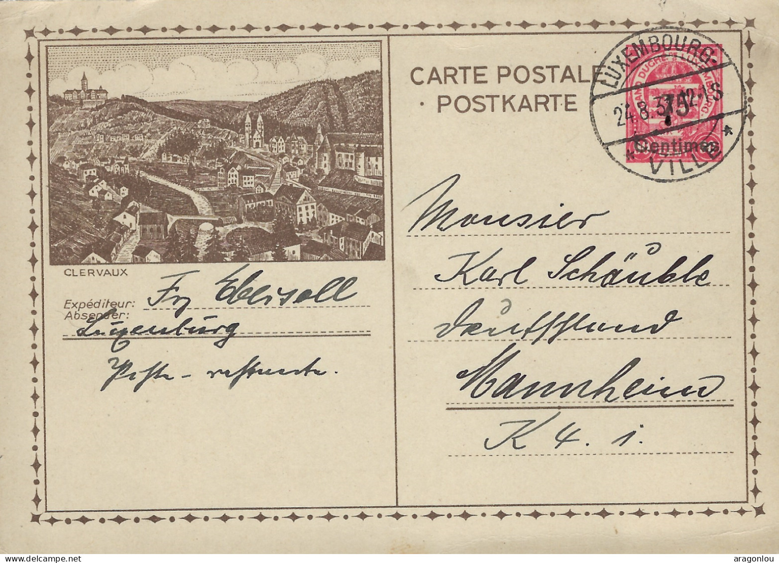 Luxembourg - Luxemburg - Carte - Postale   1937  Clervaux   Cachet  Luxembourg-Ville - Postwaardestukken