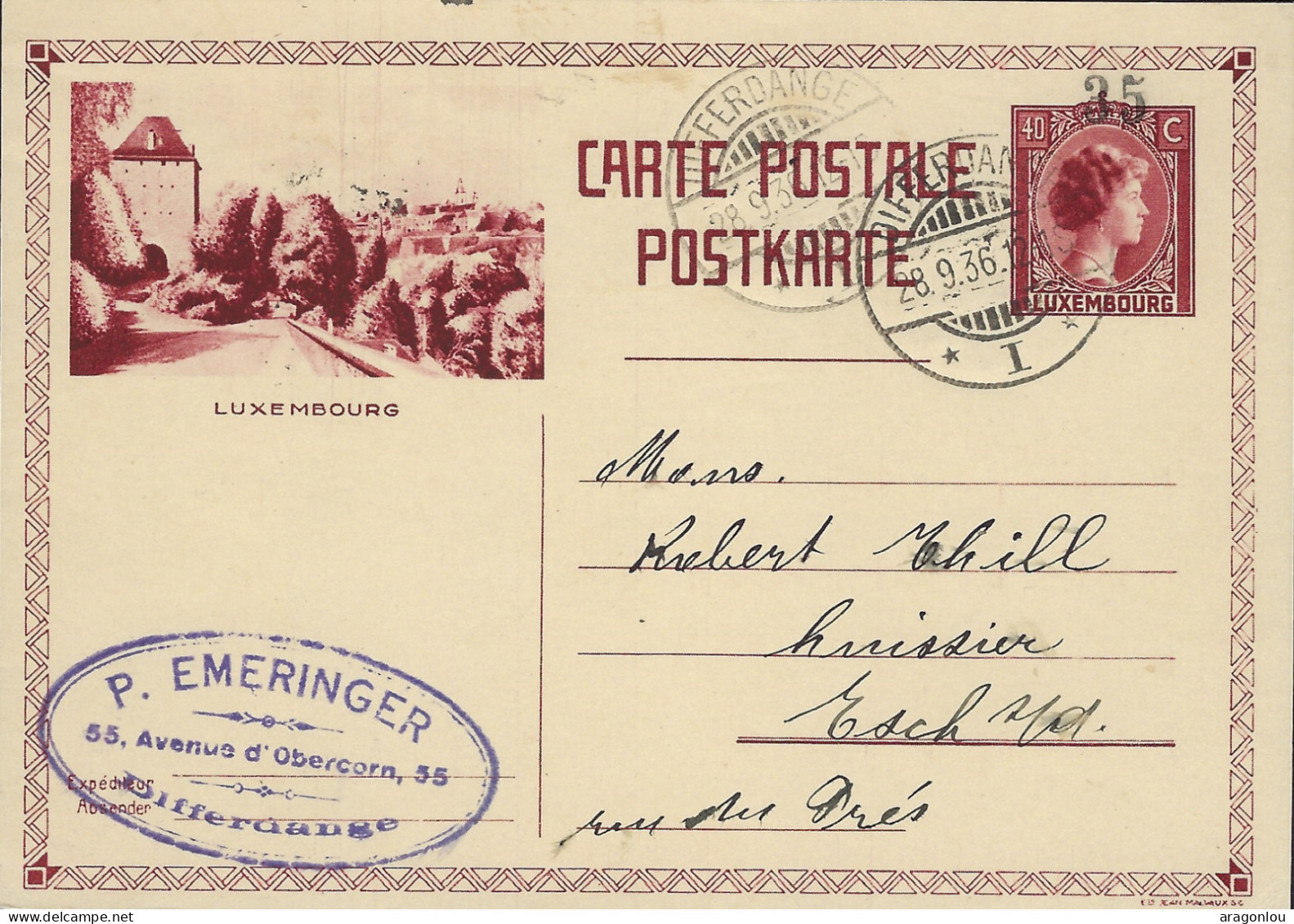 Luxembourg - Luxemburg - Carte - Postale   1936    Luxembourg     Cachet   Differdange - Interi Postali