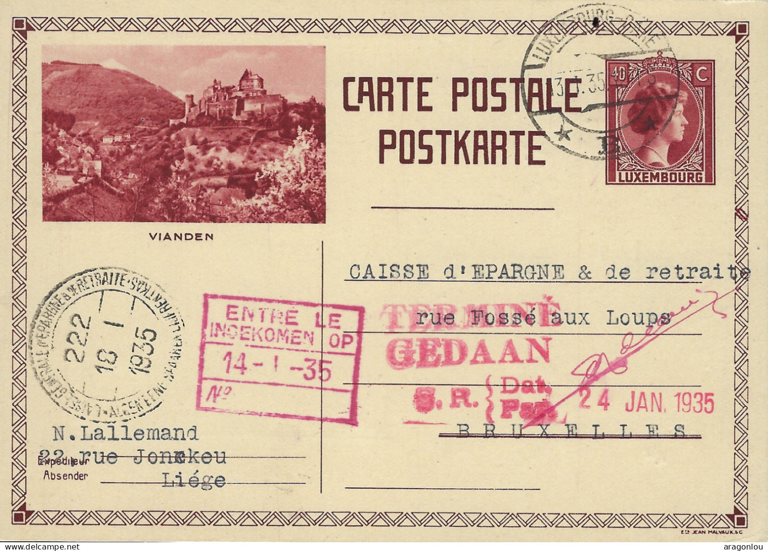 Luxembourg - Luxemburg - Carte - Postale   1935   Vianden           Cachet   Luxembourg - Ganzsachen