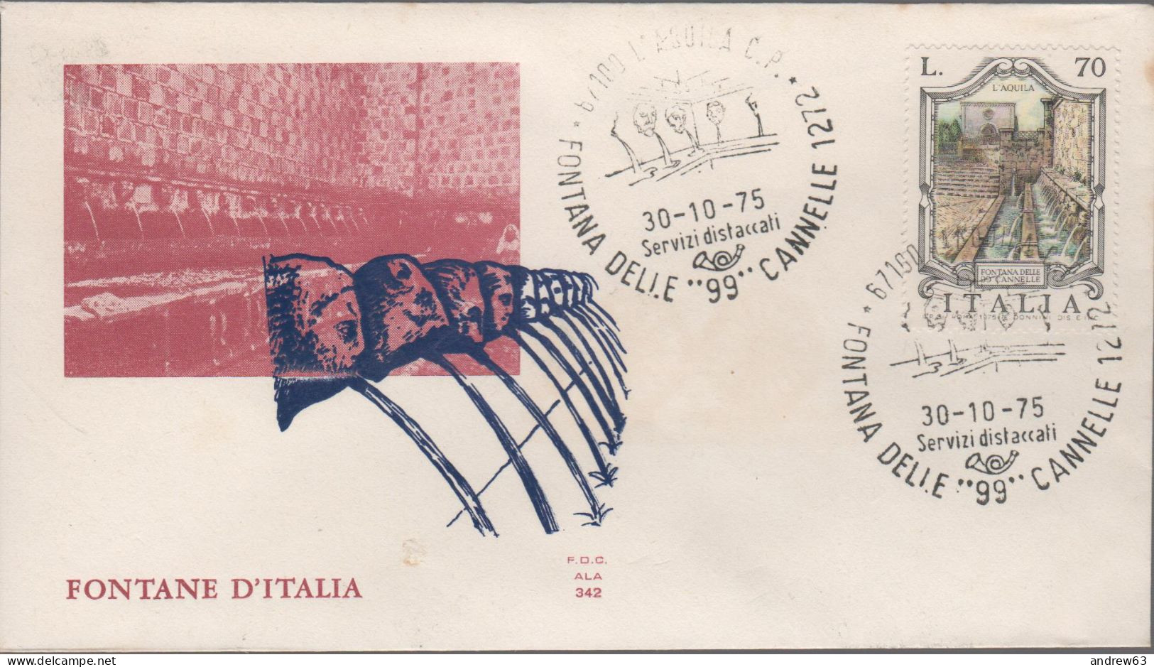 ITALIA - ITALIE - ITALY - 1975 - Fontane - 3ª Emissione - Fontana Delle 99 Cannelle, A L'Aquila - FDC ALA - FDC