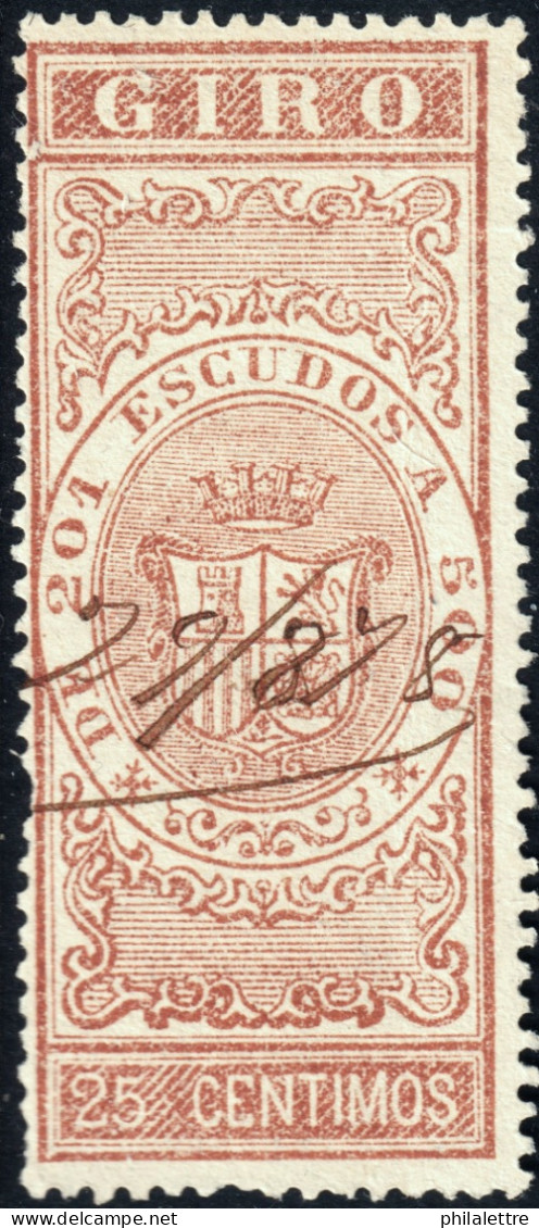 ESPAGNE / ESPAÑA - COLONIAS (Cuba) 1868 Sellos Para GIRO Fulcher 650 25c Castaño - Cancelado A Pluma - Cuba (1874-1898)