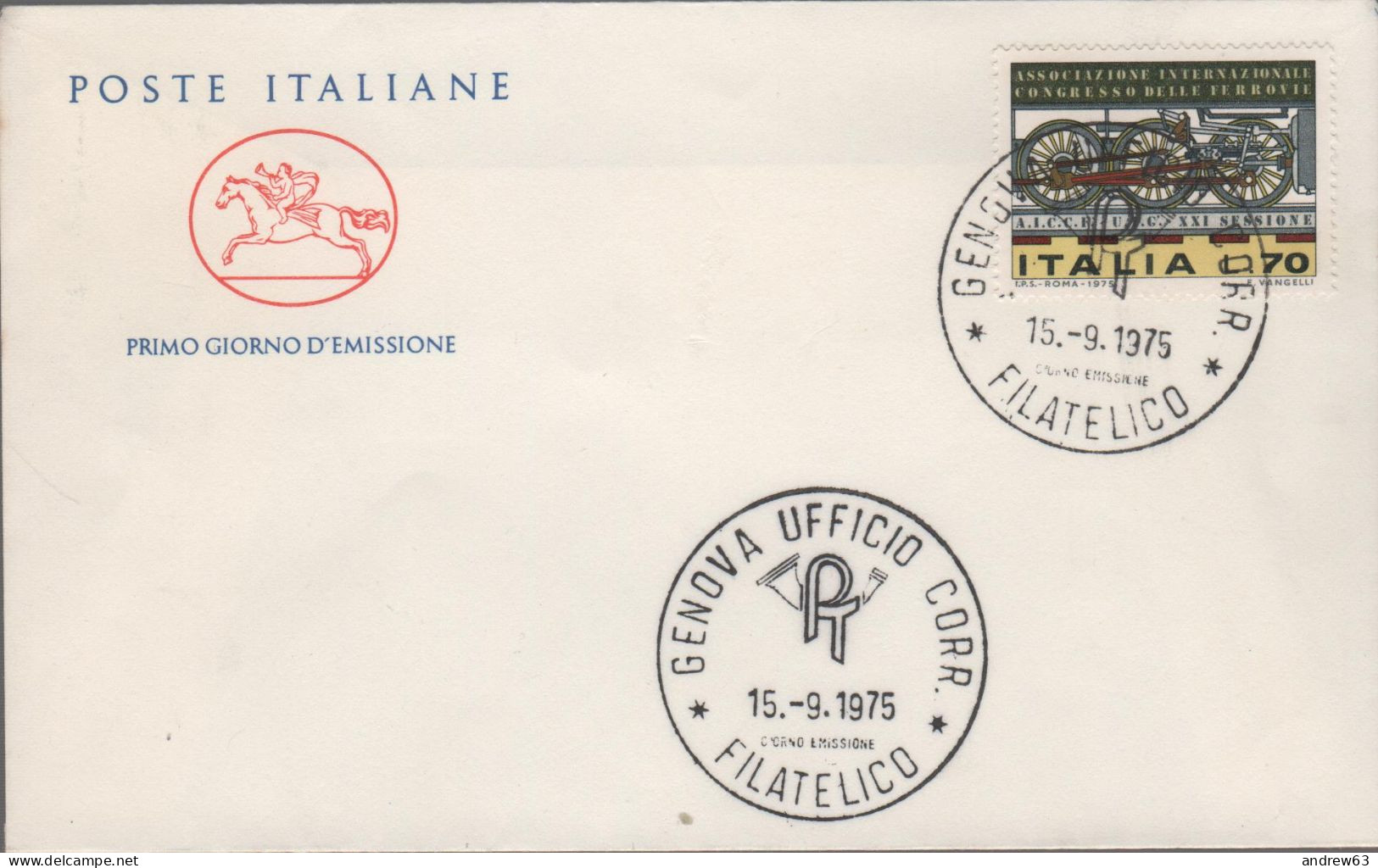 ITALIA - ITALIE - ITALY - 1975 - 21ª Sessione Dell'associazione Internazionale Del Congresso Delle Ferrovie - FDC Cavall - FDC