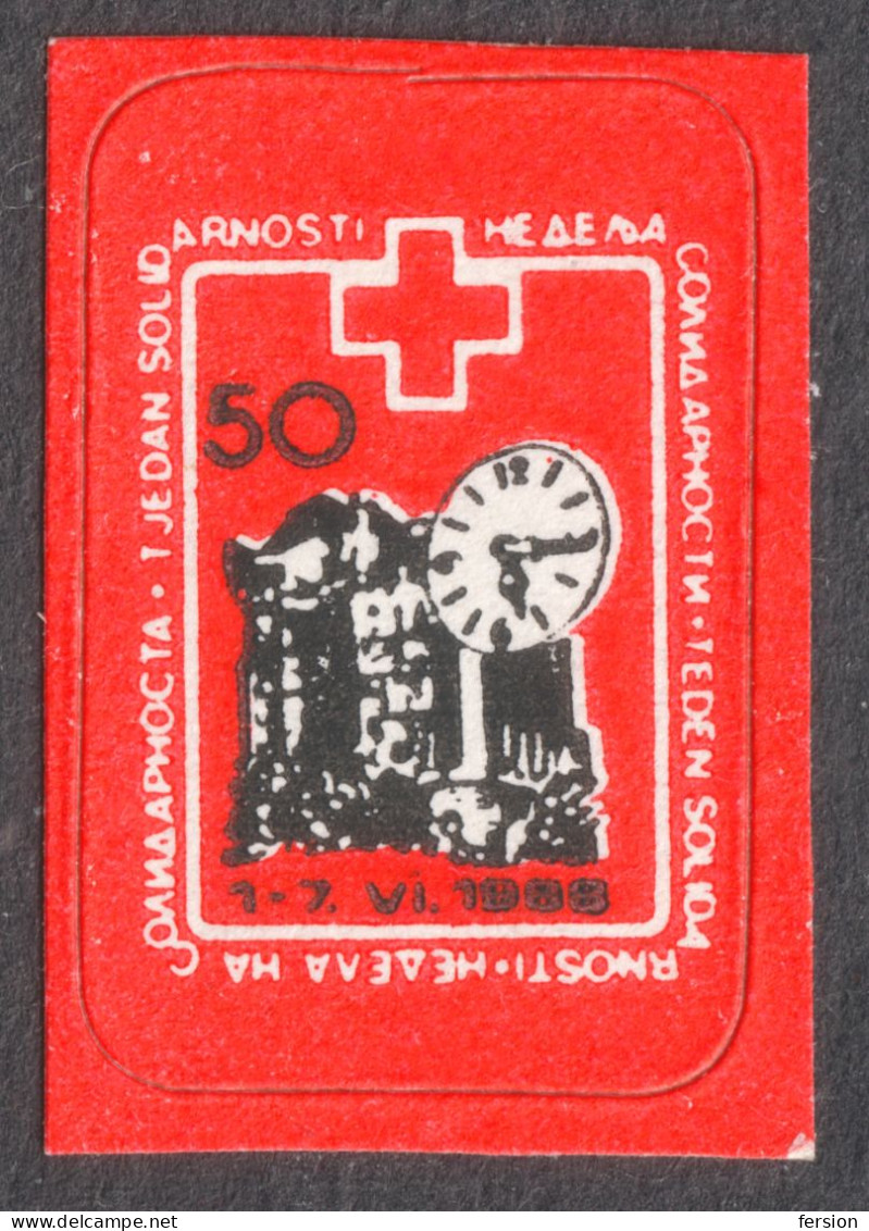 RED CROSS Skopje Macedonia Solidarity ( Clock ) Railway Station 1988 Yugoslavia Self Adhesive Charity Vignette Label 50 - Rode Kruis