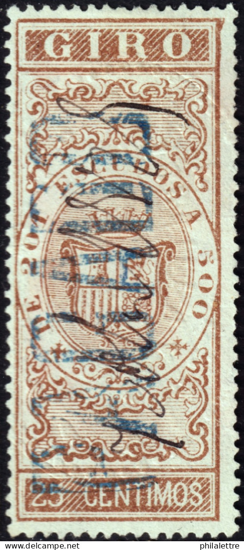 ESPAGNE / ESPAÑA - COLONIAS (Cuba) 1868 Sellos Para GIRO Fulcher 650 25c Castaño - Cancelado A Pluma Y Marca "PAGADO" - Kuba (1874-1898)