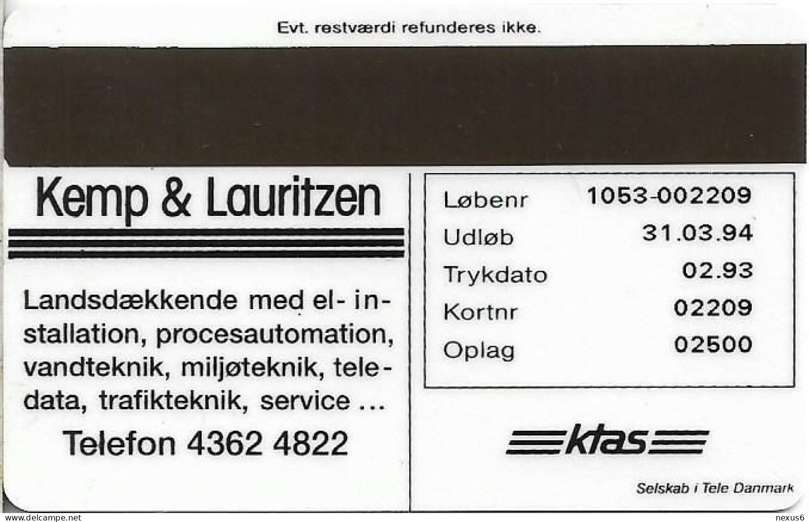 Denmark - KTAS - Kemp & Lauritsen - TDKP018- 02.1993, 2.500ex, 20kr, Used - Denemarken