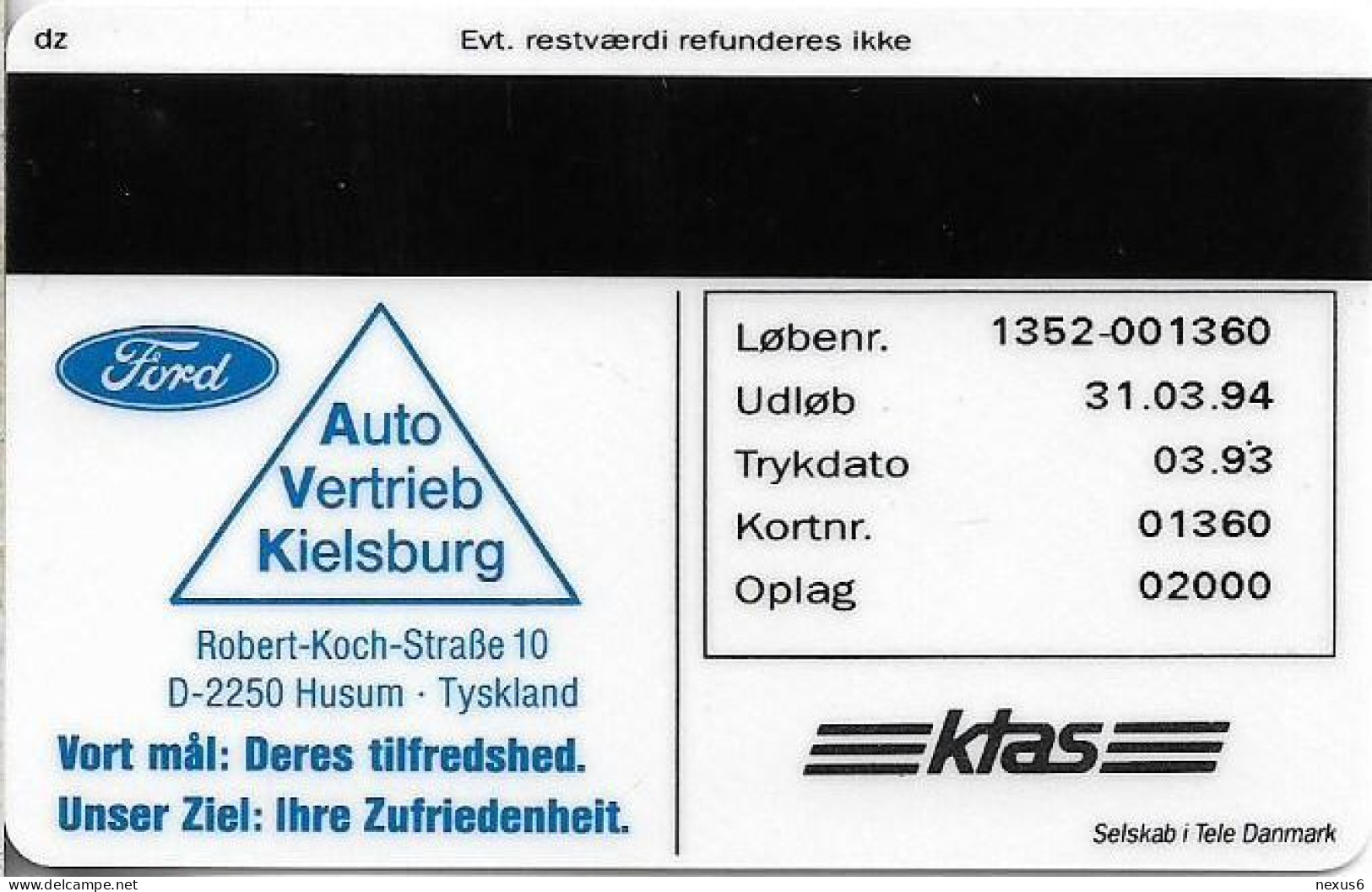 Denmark - KTAS - Ford Escort Car - TDKP015 - 03.1993, 5kr, 2.000ex, Used - Dinamarca