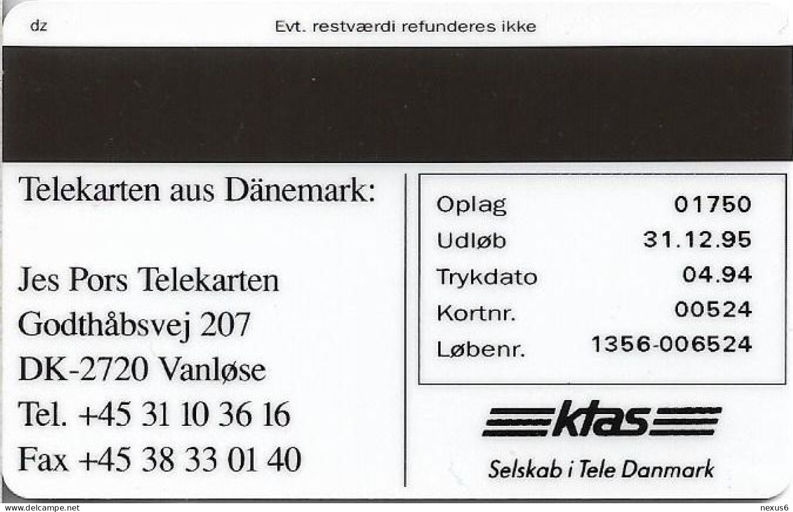 Denmark - KTAS - Jes Pors Stamp Dealer (blue) - TDKP082 - 04.1994, 1.750ex, 5kr, Used - Denmark