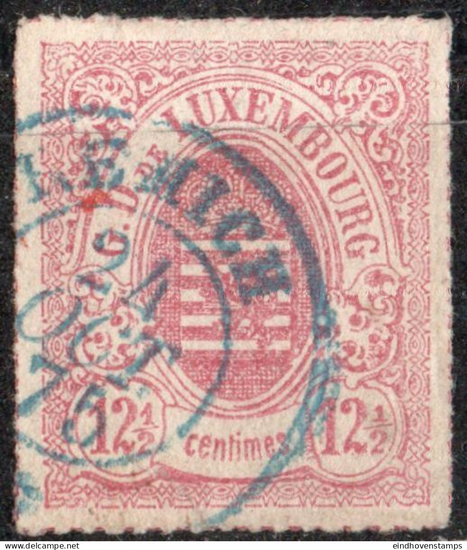 Luxembourg 1865 10c Red Lilac Rouletted (coloured) 1 Value Blue Cancel Remich - 1859-1880 Stemmi